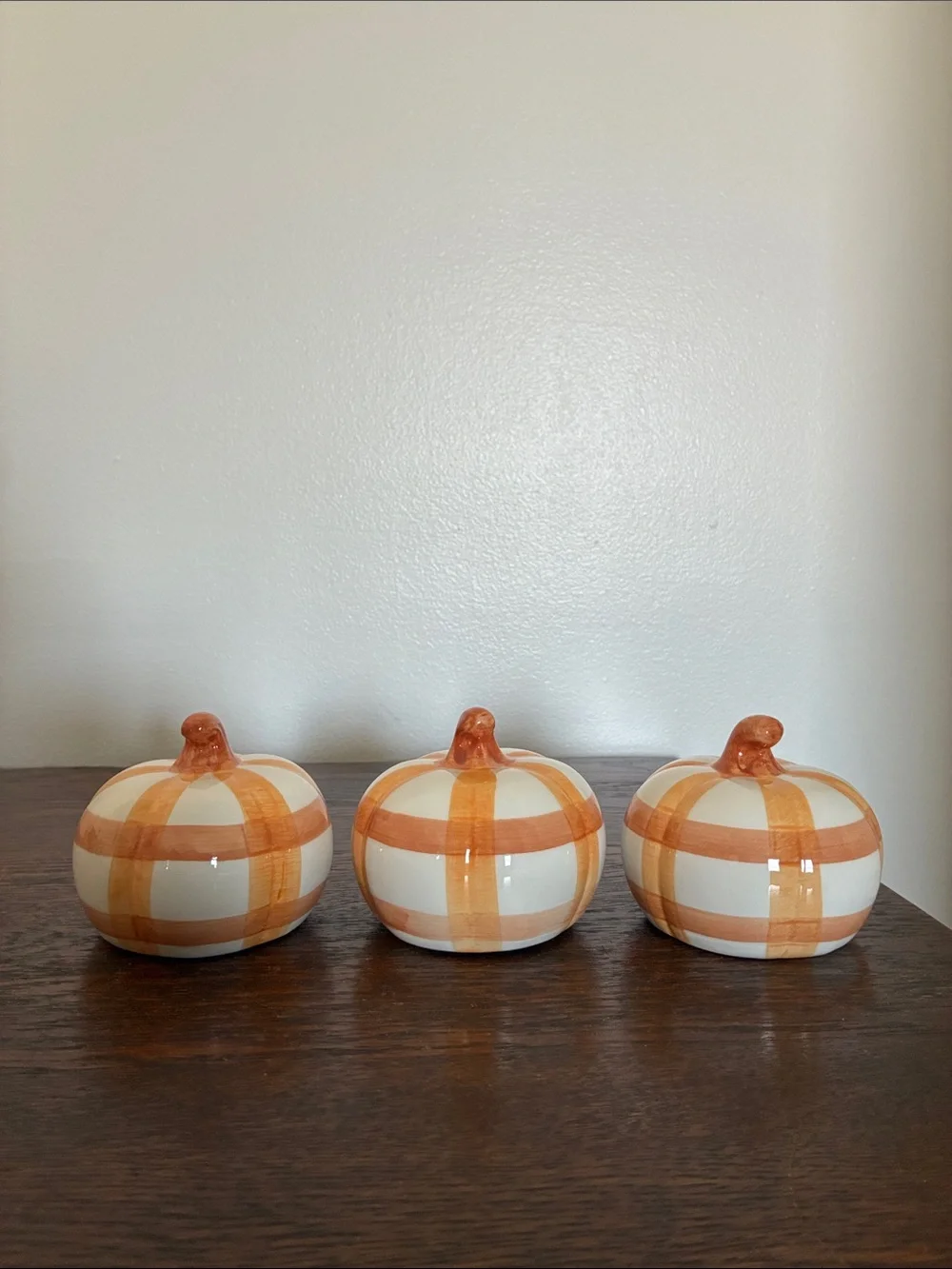 NWT- Decorative Ceramic Pumpkin Trio - White and Orange Plaid Stripe